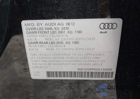 2012 Audi Q5 2.0T Premium из США, поврежденный, VIN WA1LFAFP5CA139989